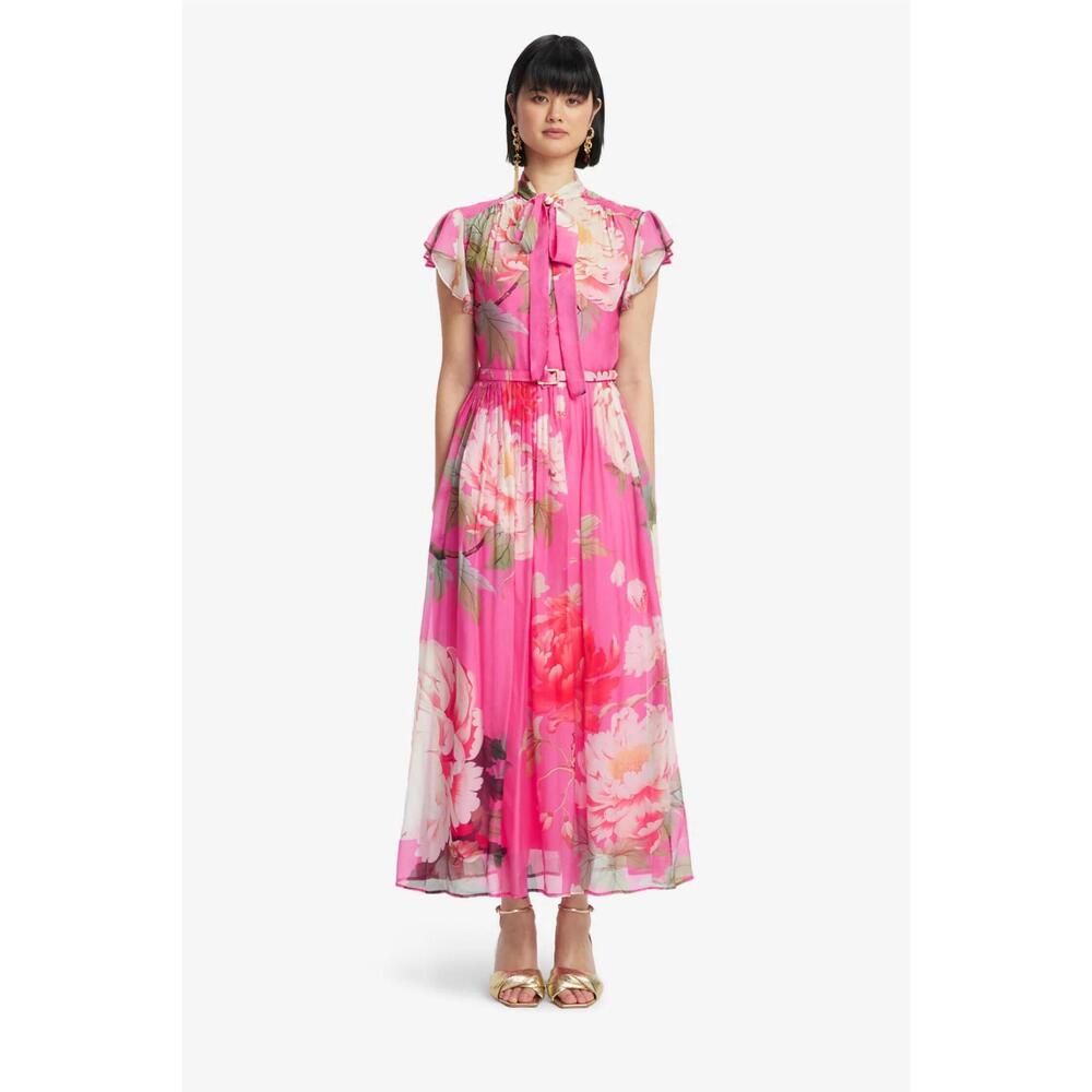 NEW LEO LIN grace flutter sleeve midi dress in fuchsia peony